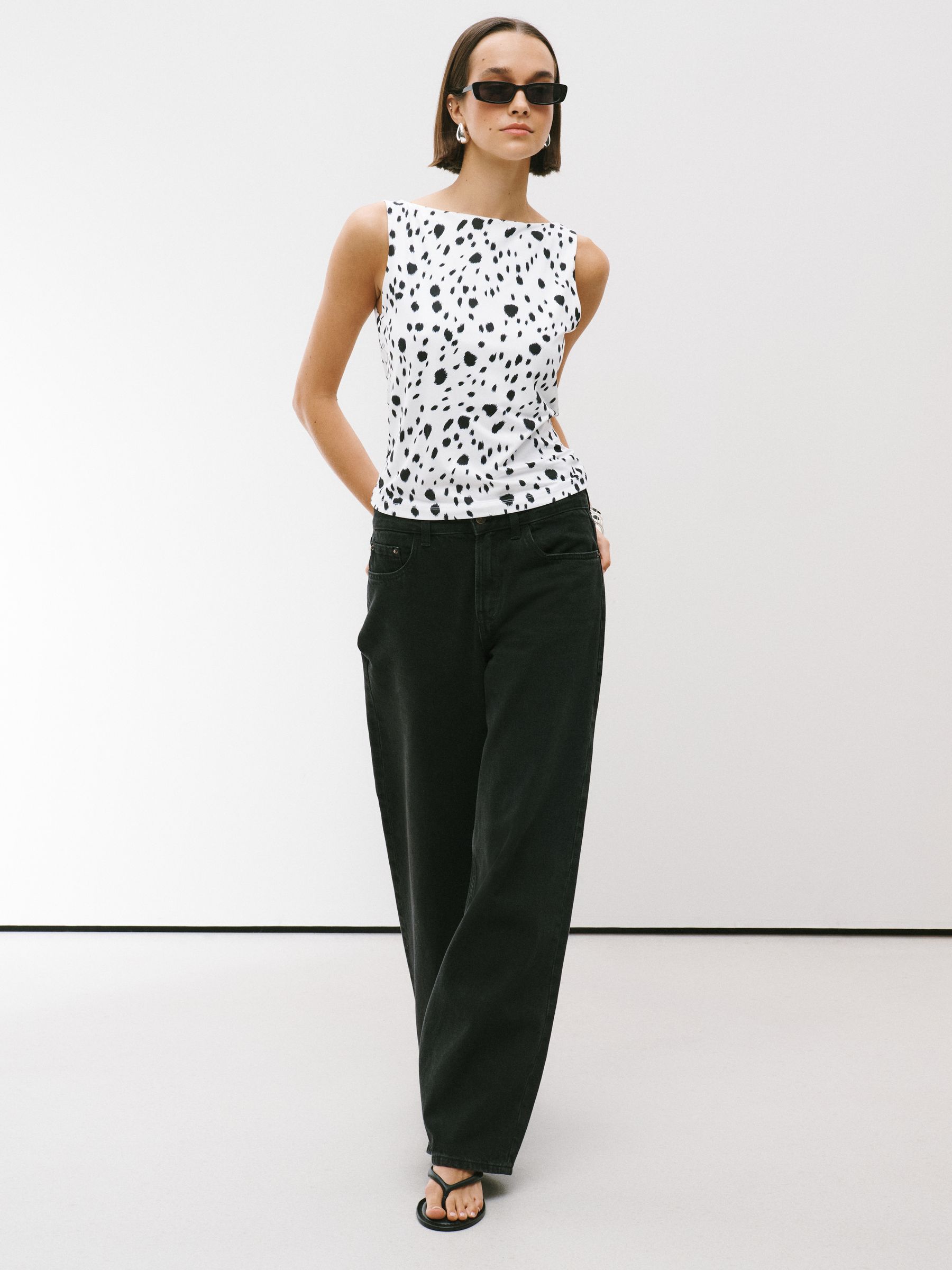 Buy White/Black Dalmatian Print Soft Touch Slinky Boat Neck