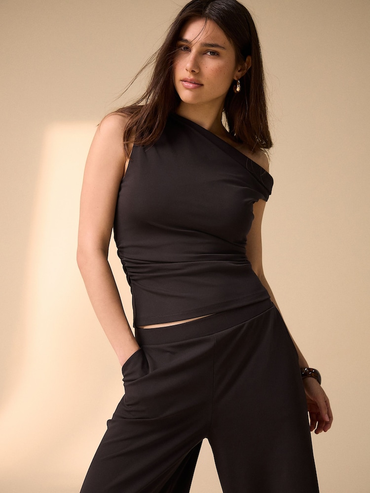 Chocolate Brown Asymmetric Sleeveless Drape Top - Image 1 of 7