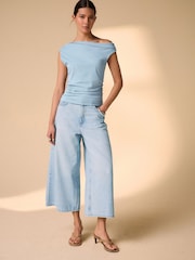 Pastel Blue Asymmetric Sleeveless Drape Top - Image 2 of 8