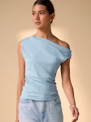 Pastel Blue Asymmetric Sleeveless Drape Top - Image 3 of 8
