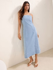 Friends Like These Light Wash Petite Denim Seamed Midi Dress - Image 3 of 4