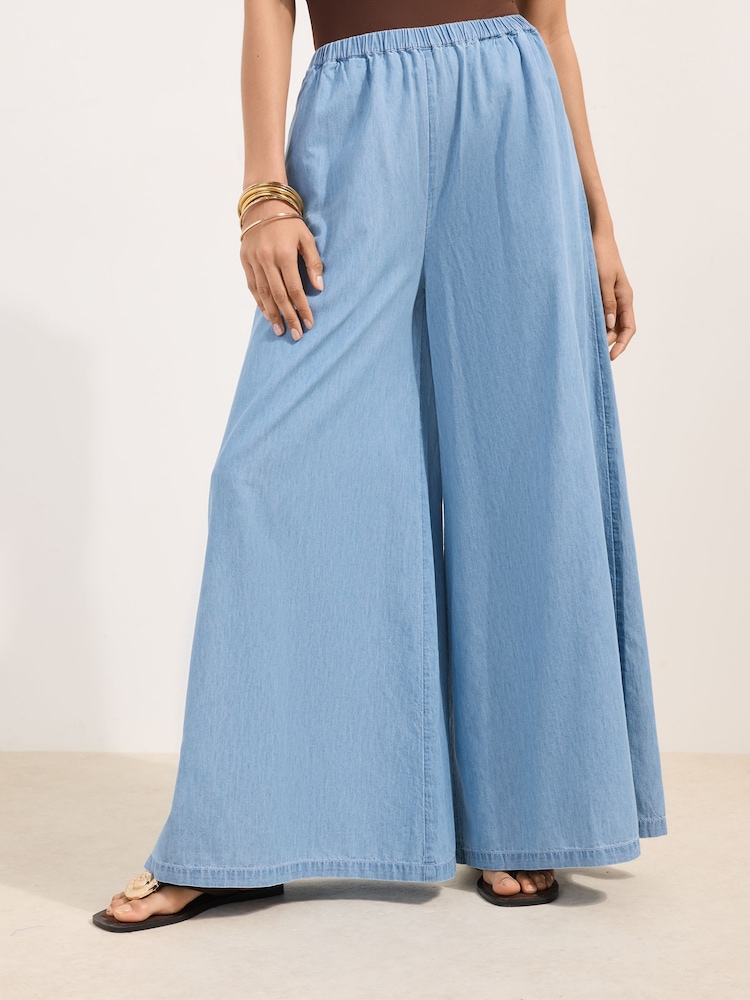 Friends Like These Light Wash Chambray Petite Elasticated Waist, Palazzo Wide Leg Jeans - Image 2 of 4