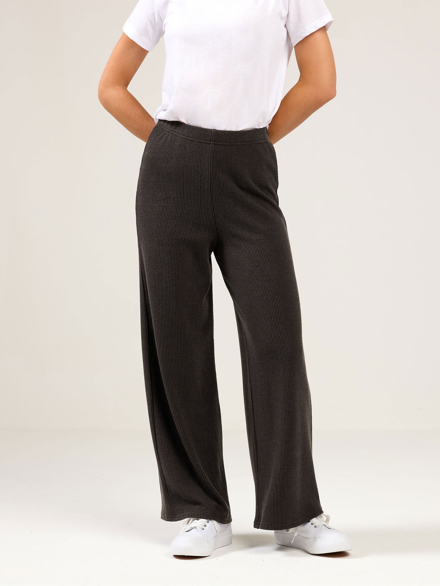 M & Co Women's Brown Petite Ribbed Wide Leg Trousers