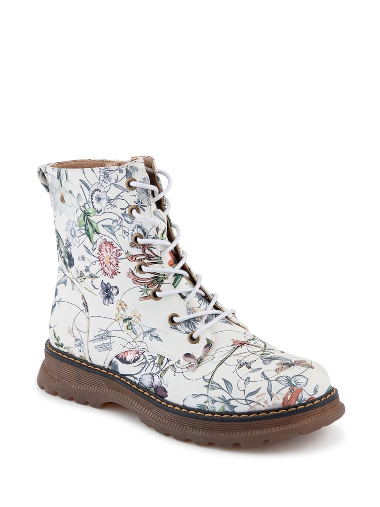 Pavers White Lace Up Floral Boots - Image 2 of 5 Pavers White Lace Up Floral Boots - Image 2 of 5