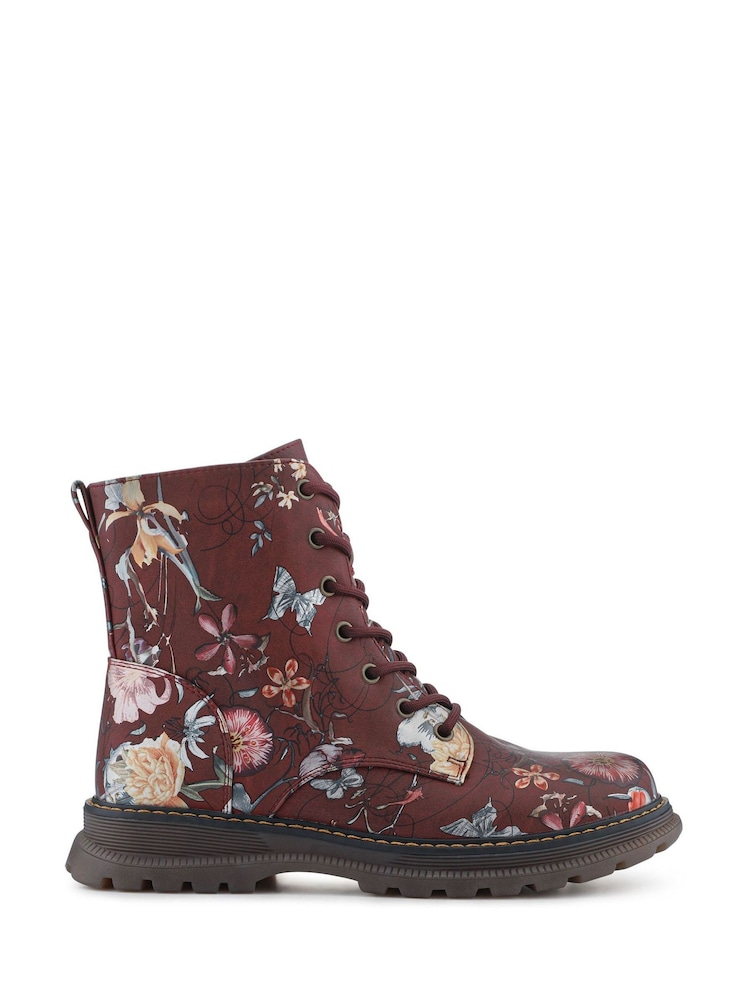 Pavers Red Lace Up Floral Boots - Image 2 of 6 Pavers Red Lace Up Floral Boots - Image 2 of 6