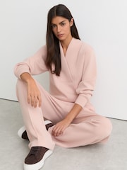 Reiss Pale Pink Annabel Premium Interlock Shawl-Neck Sweatshirt with Modal - Image 1 of 6