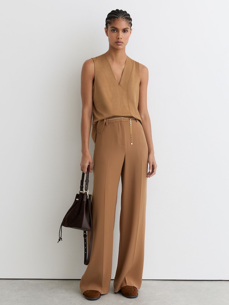 Reiss Camel Mira V-Neck Shell Top - Image 1 of 6 Reiss Camel Mira V-Neck Shell Top - Image 1 of 6