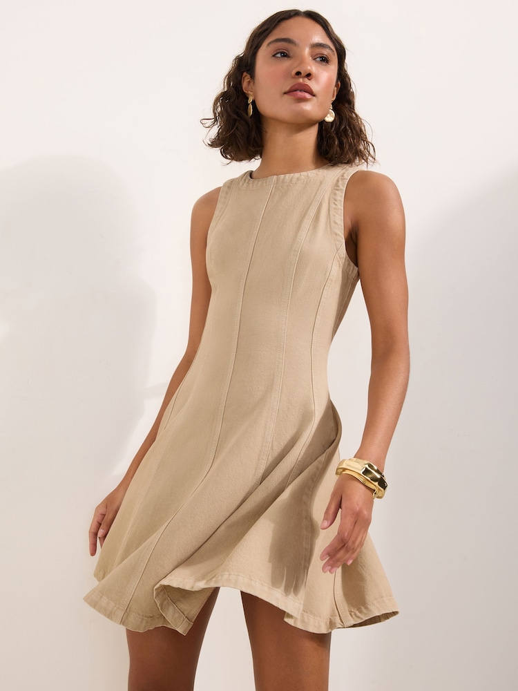 Friends Like These Neutral Denim Seam Detail Shift Mini Dress - Image 1 of 4