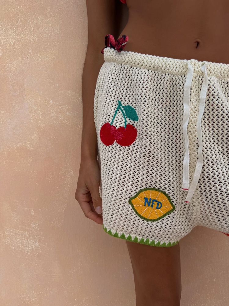 Never Fully Dressed Cream Fruit Cotton Crochet Applique Shorts - Image 6 of 6