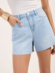 Friends Like These Bleach Wash Diamante A Line Denim Shorts - Image 1 of 5