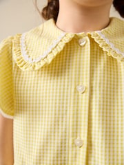 أصفر - فستان مدرسي مربعات غني بالقطن بأكمام واسعة (3-14 سنة) - صورة 4 من 5