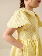 أصفر - فستان مدرسي مربعات غني بالقطن بأكمام واسعة (3-14 سنة) - صورة 5 من 5