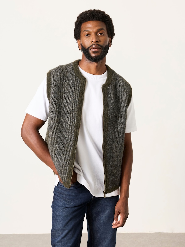 FatFace Adisham Khaki Green Knitted Zip Front Gilet - Image 1 of 6