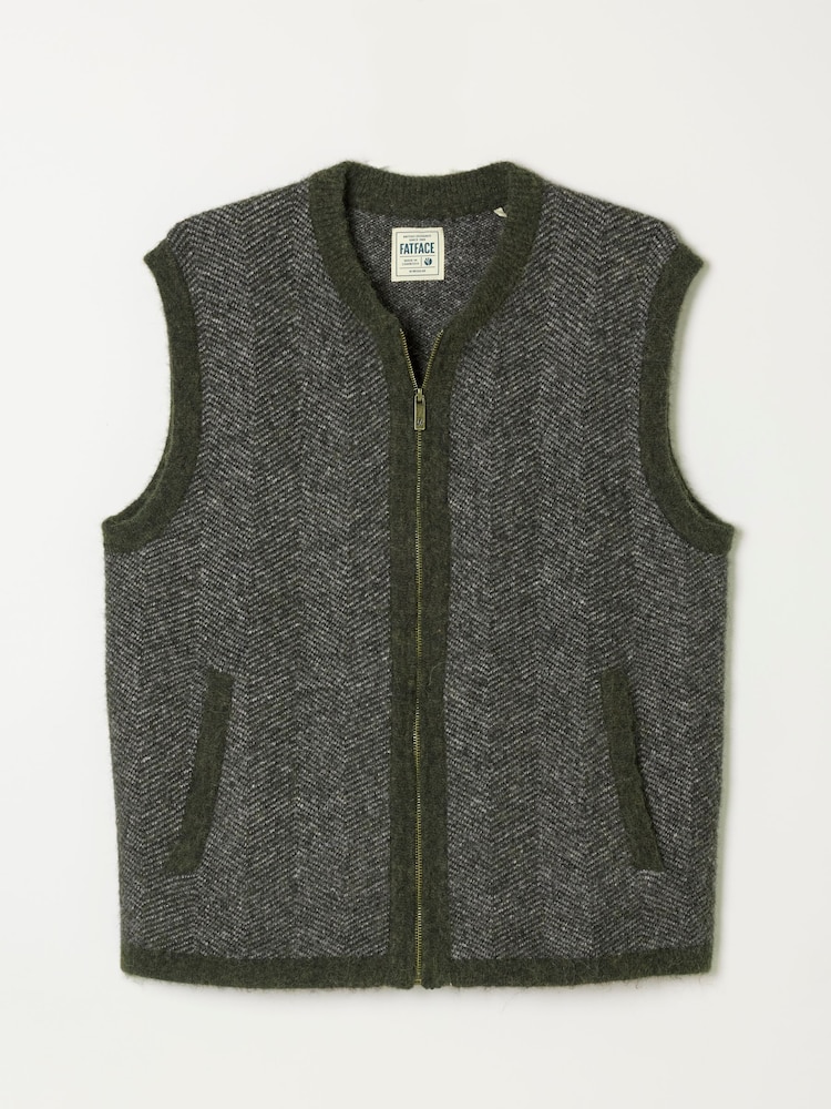 FatFace Adisham Khaki Green Knitted Zip Front Gilet - Image 6 of 6
