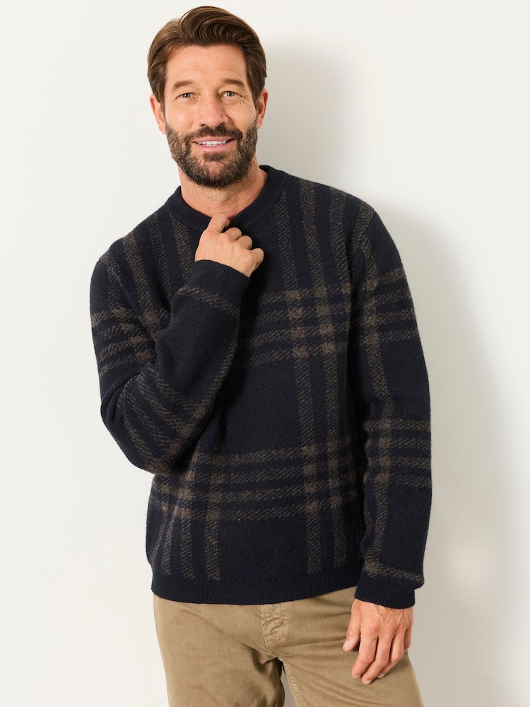 FatFace Navy Check Crew Neck Knitted Jumper - Image 1 of 6 FatFace Navy Check Crew Neck Knitted Jumper - Image 1 of 6