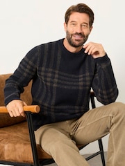FatFace Navy Check Crew Neck Knitted Jumper - Image 5 of 6