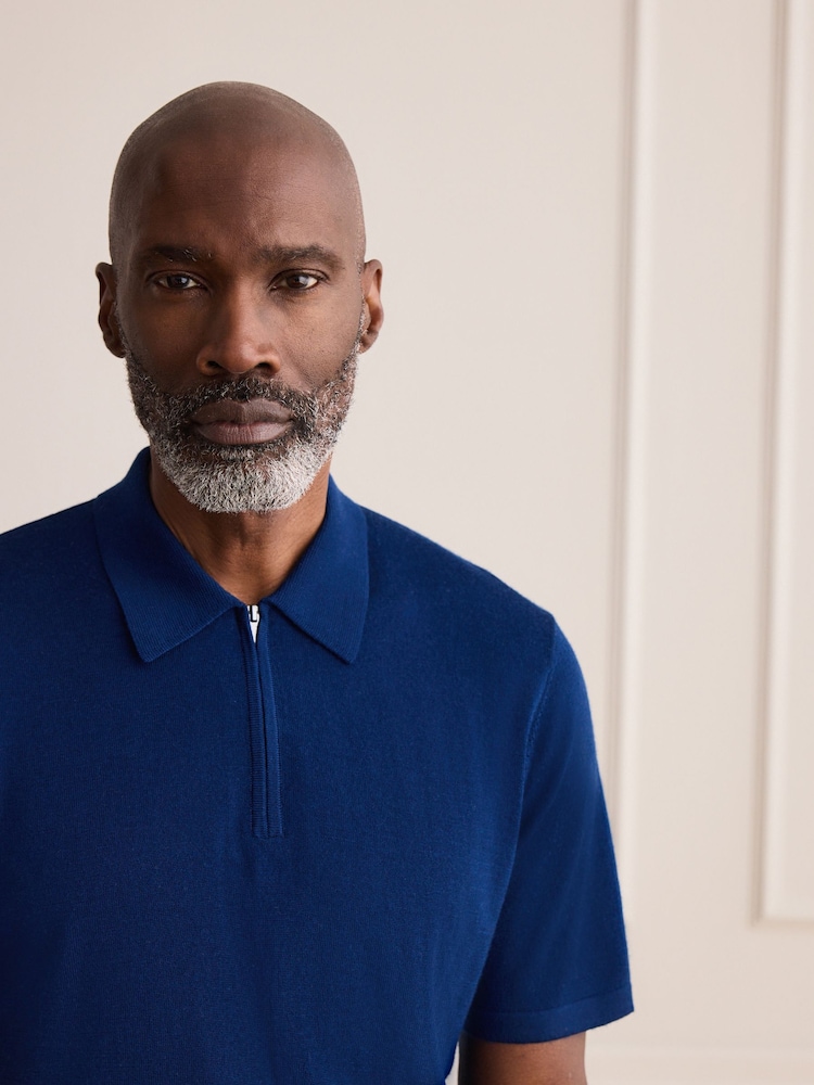 Blue Signature Merino Quarter Zip Polo Shirt - Image 1 of 8