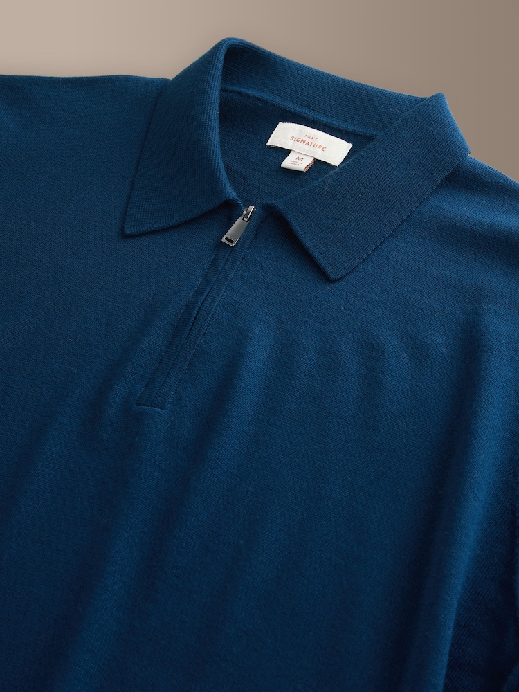 Blue Signature Merino Quarter Zip Polo Shirt - Image 8 of 8