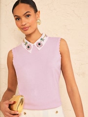 Love & Roses Lilac Purple Flower Detail Embellished Collar Knitted Top - Image 1 of 4