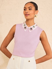 Love & Roses Lilac Purple Flower Detail Embellished Collar Knitted Top - Image 4 of 4