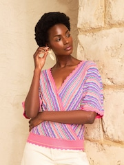 Love & Roses Pink And Purple Short Sleeve Striped Wrap Front Knitted Top - Image 1 of 5