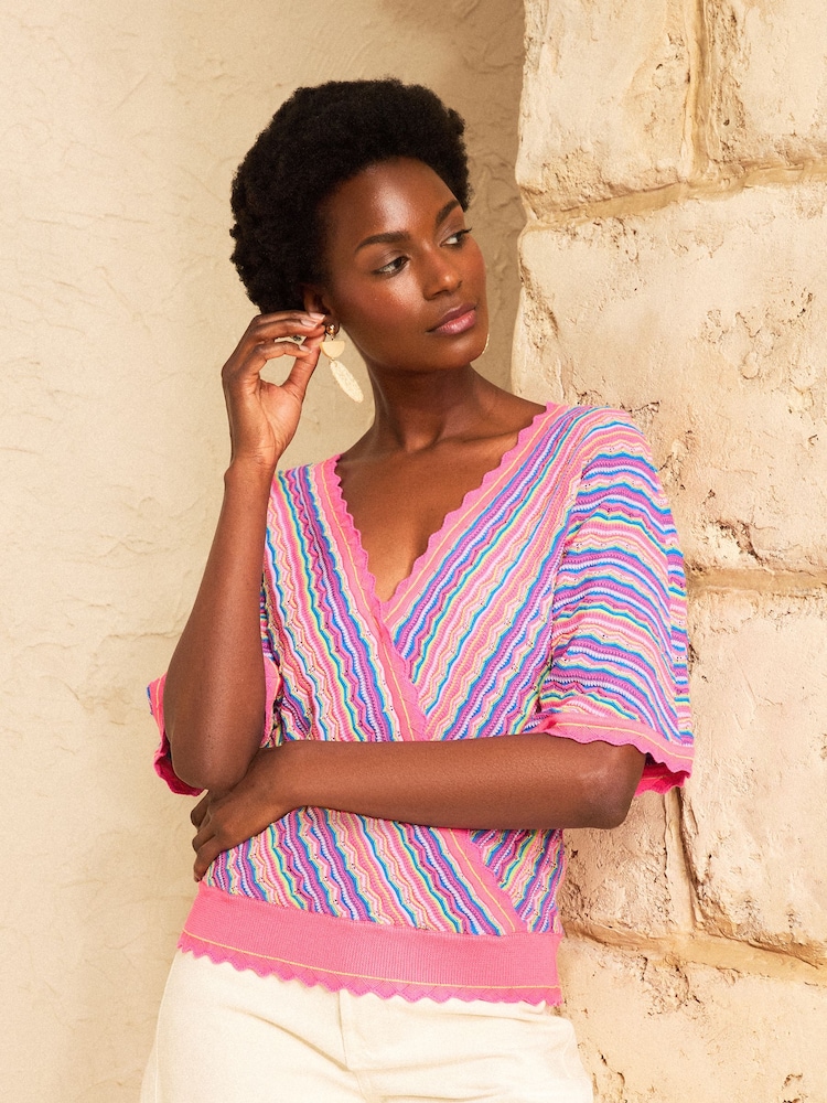 Love & Roses Pink And Purple Short Sleeve Striped Wrap Front Knitted Top - Image 1 of 5