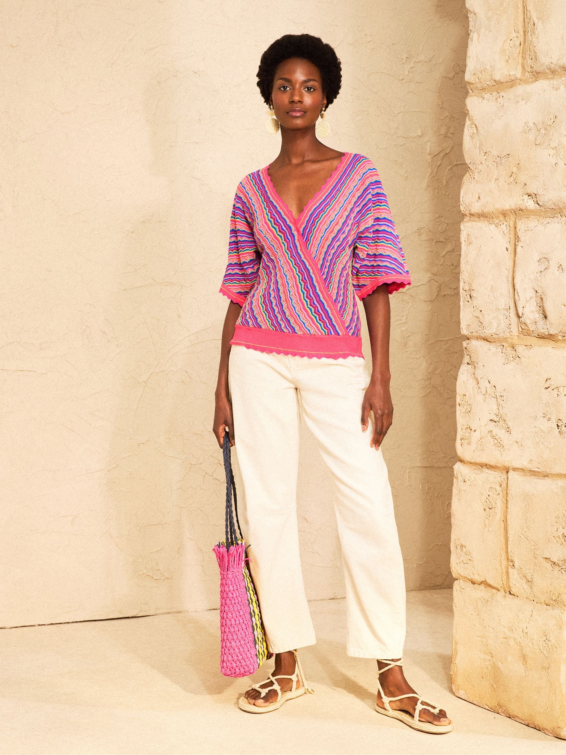 Buy Love & Roses Pink And Purple Short Sleeve Striped Wrap Front