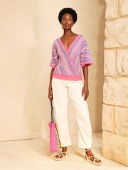 Love & Roses Pink And Purple Short Sleeve Striped Wrap Front Knitted Top - Image 3 of 5