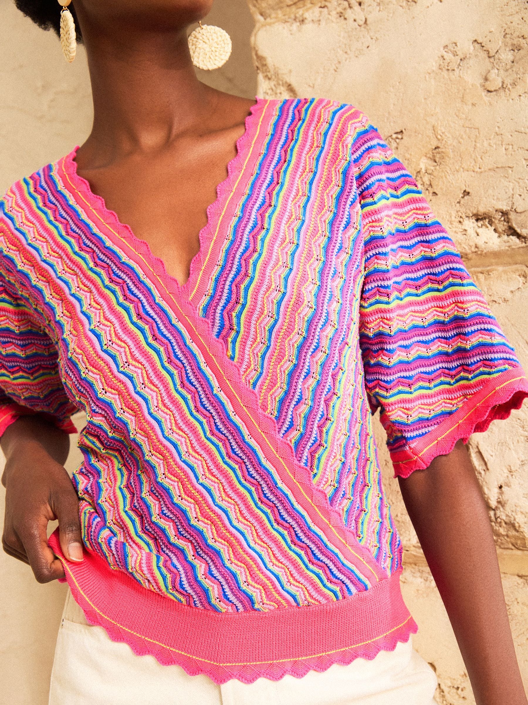 Buy Love & Roses Pink And Purple Short Sleeve Striped Wrap Front