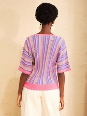 Love & Roses Pink And Purple Short Sleeve Striped Wrap Front Knitted Top - Image 5 of 5