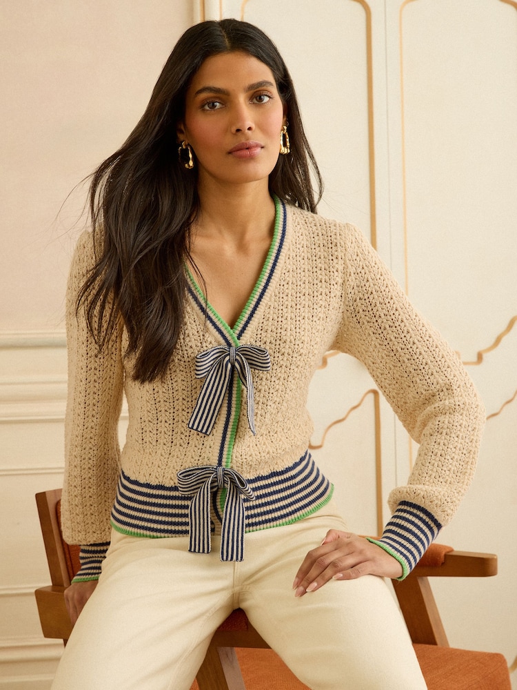 Love & Roses Striped Bow Detail Knitted Cardigan - Bild 1 von 4