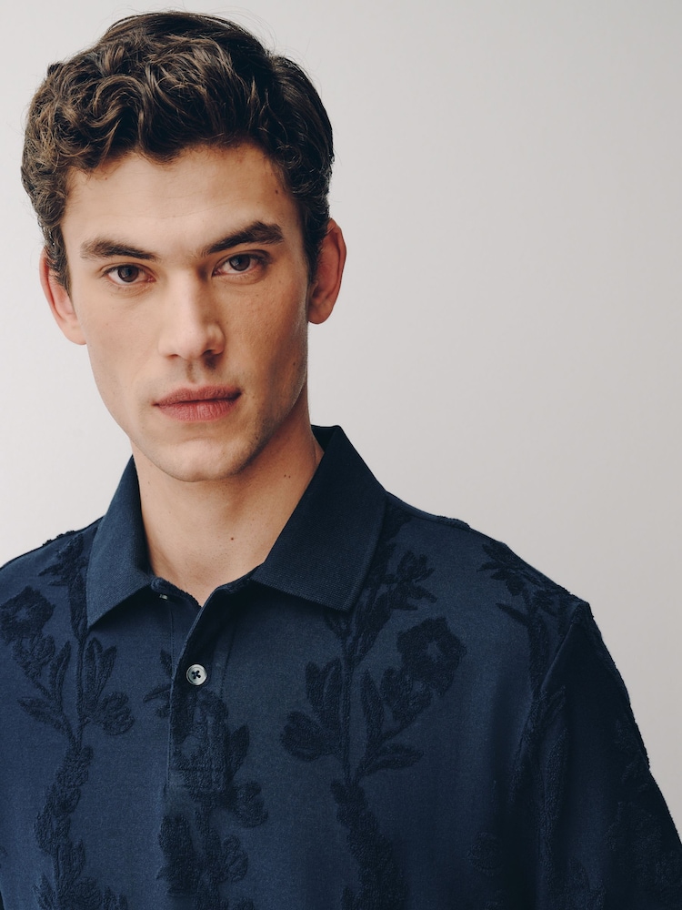 Navy Towelling Textured Short Sleeve Polo Shirt - Image 1 of 6