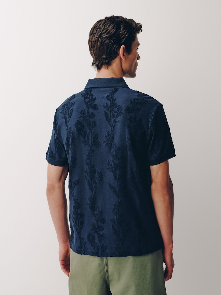 Navy Towelling Textured Short Sleeve Polo Shirt - Image 2 of 6