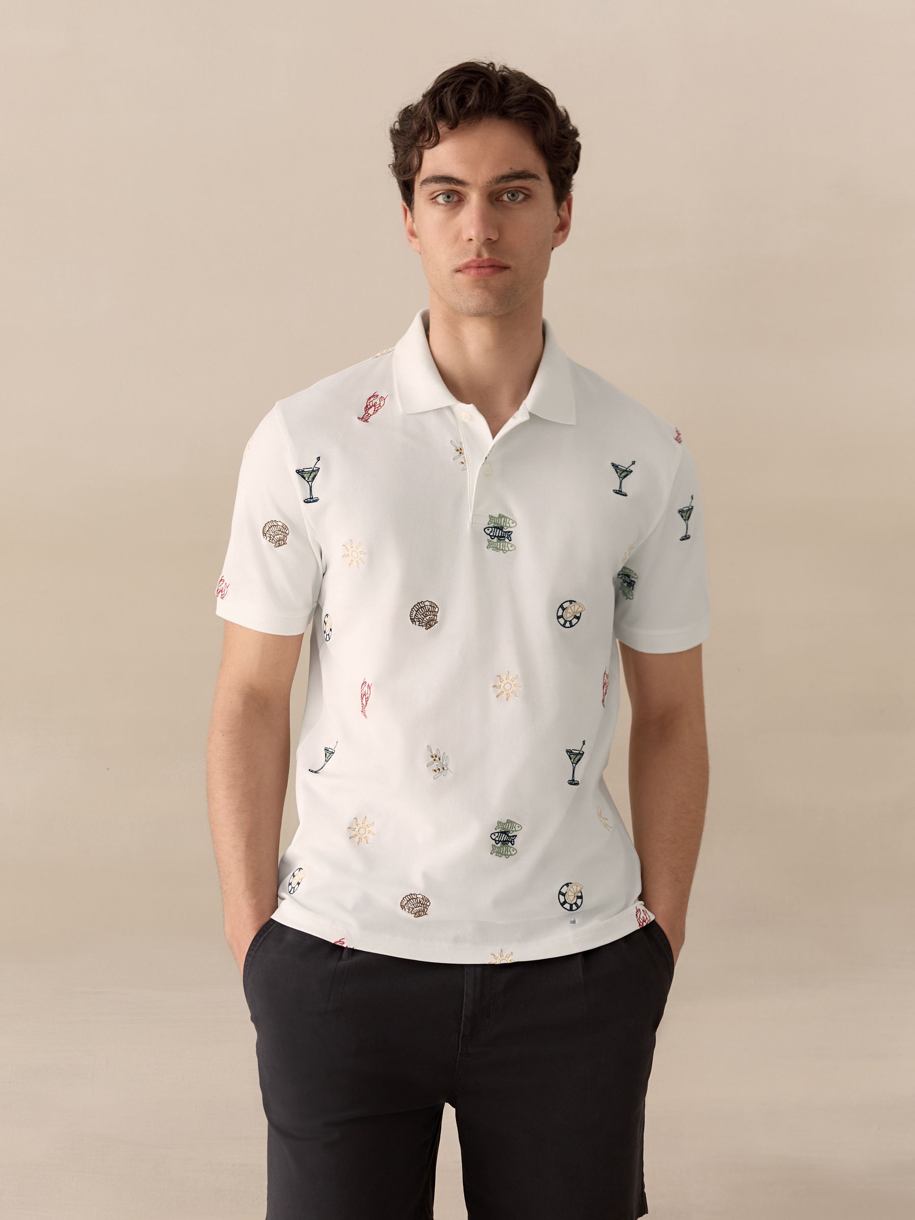 Buy White Embroidered Short Sleeve Pique Pattern Polo Shirt from