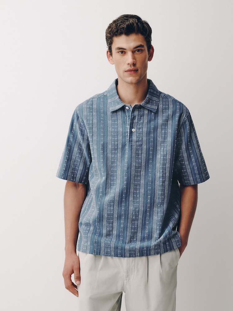Blue Woven Vertical Stripe Short Sleeve Polo Shirt - Image 1 of 7