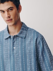 Blue Woven Vertical Stripe Short Sleeve Polo Shirt - Image 2 of 7