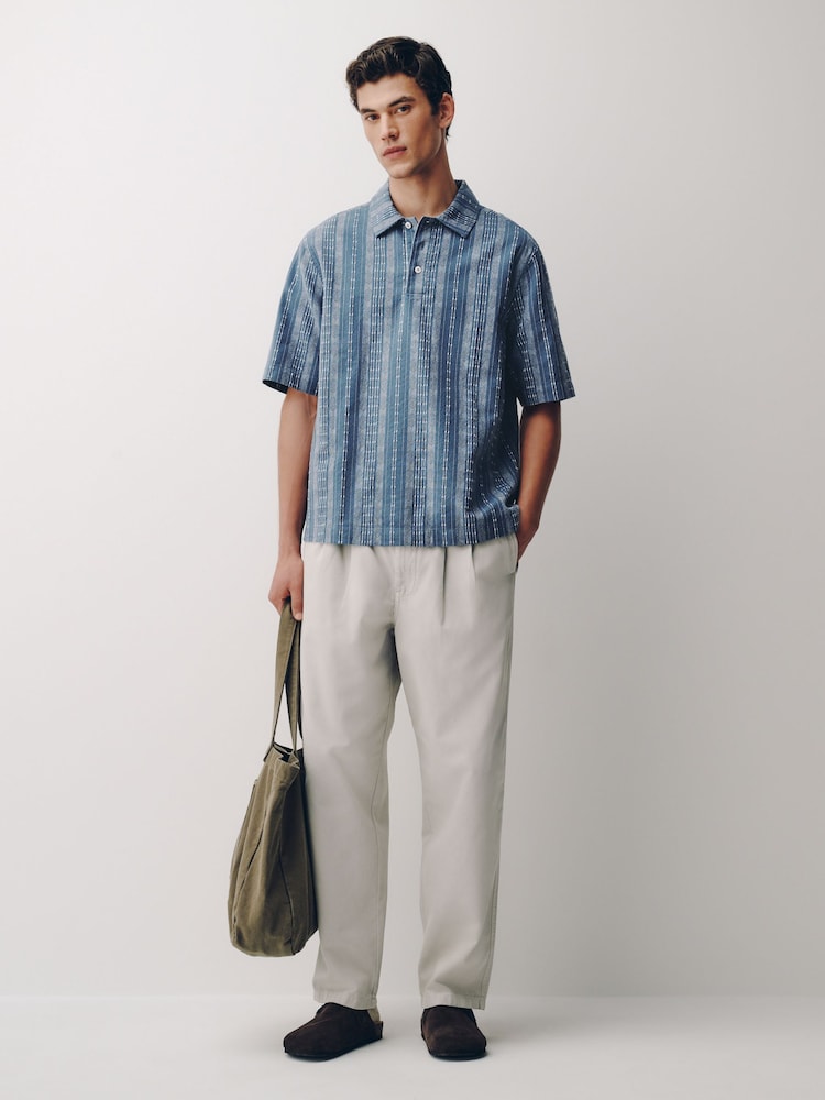 Blue Woven Vertical Stripe Short Sleeve Polo Shirt - Image 2 of 7