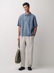 Blue Woven Vertical Stripe Short Sleeve Polo Shirt - Image 3 of 7