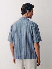 Blue Woven Vertical Stripe Short Sleeve Polo Shirt - Image 4 of 7
