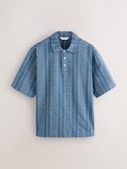 Blue Woven Vertical Stripe Short Sleeve Polo Shirt - Image 5 of 7