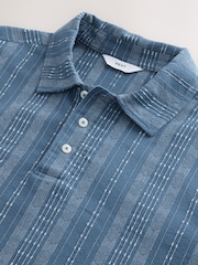 Blue Woven Vertical Stripe Short Sleeve Polo Shirt - Image 6 of 7