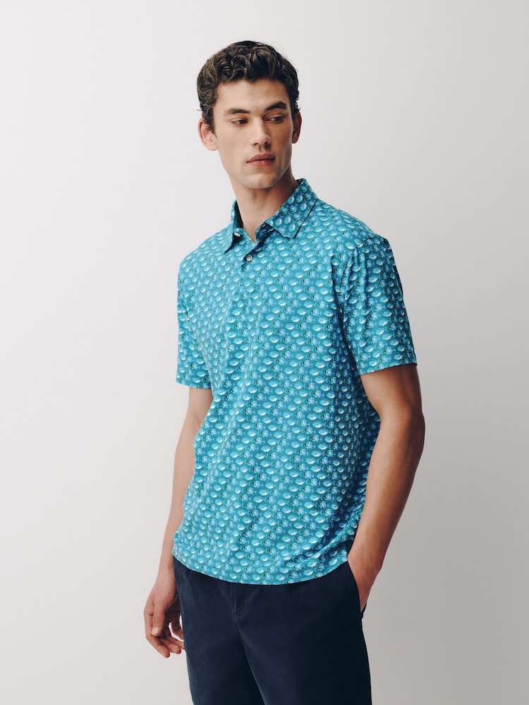 Blue/Green Short Sleeve Button Neck Pattern Polo Shirt - Image 1 of 8