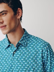 Blue/Green Short Sleeve Button Neck Pattern Polo Shirt - Image 4 of 8