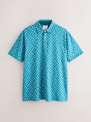 Blue/Green Short Sleeve Button Neck Pattern Polo Shirt - Image 6 of 8