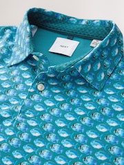 Blue/Green Short Sleeve Button Neck Pattern Polo Shirt - Image 7 of 8
