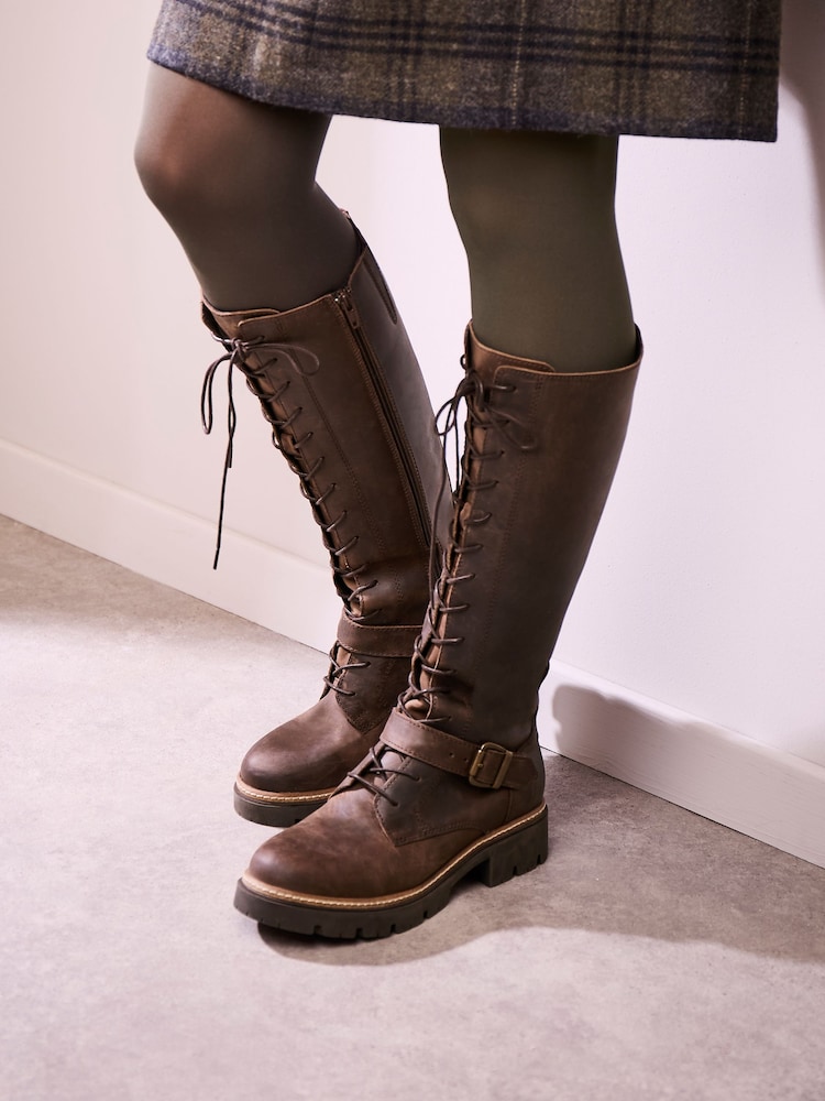 Celtic & Co. Strap Detail Lace Up Knee Brown Boots - Image 1 of 6 Celtic & Co. Strap Detail Lace Up Knee Brown Boots - Image 1 of 6
