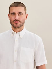 White Short Sleeve Signature 100% Linen Shirt - Image 1 of 9