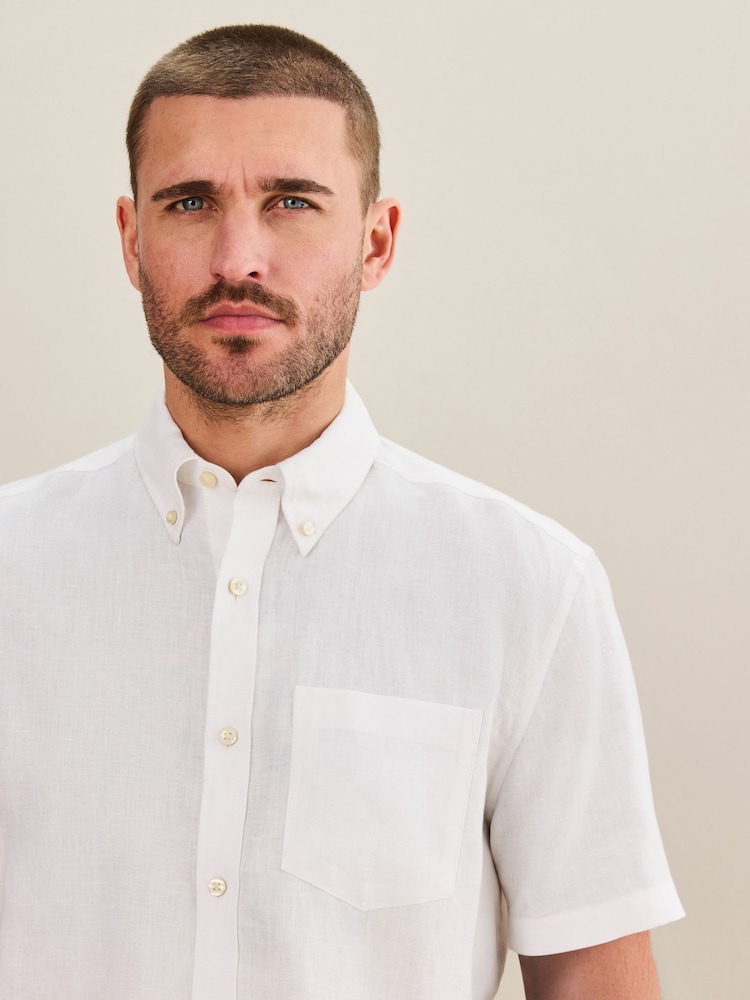 White Short Sleeve Signature 100% Linen Shirt - Image 1 of 9