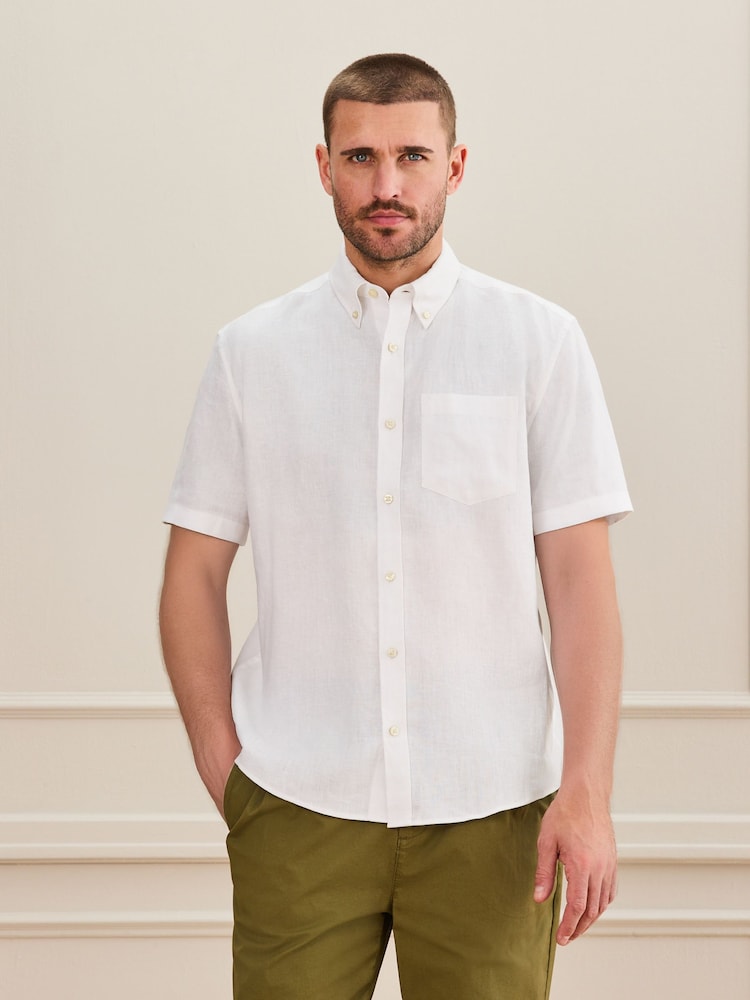 White Short Sleeve Signature 100% Linen Shirt - Image 2 of 9