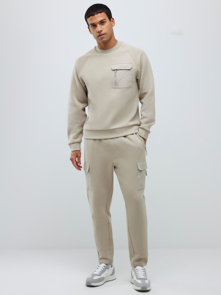 River Island Natural Slim Fit Nylon Hybrid Sweatshirt - Image 1 of 4 River Island Natural Slim Fit Nylon Hybrid Sweatshirt - Image 1 of 4